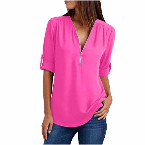 Women Vintage Blouses & Shirts Sale Summer Long Sleeve Shirts Zip Casual Tunic V-Neck Rollable Blouse Tops Ladies Plus Size Cute Hoodies Oversized Tshirts Trendy Loose Sweatshirts UK Size