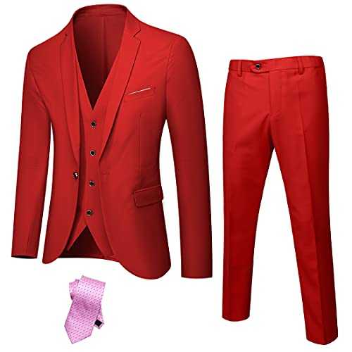 Hihawk Men's 3 Piece Suit with Stretch Fabric, Solid Slim Fit One Button Suit Blazer Set, Jacket Vest Pants with Tie.