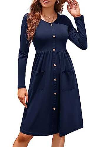 OUGES Women's Long Sleeve V Neck Button Down Midi Skater Dress with Pockets(Navy,L)