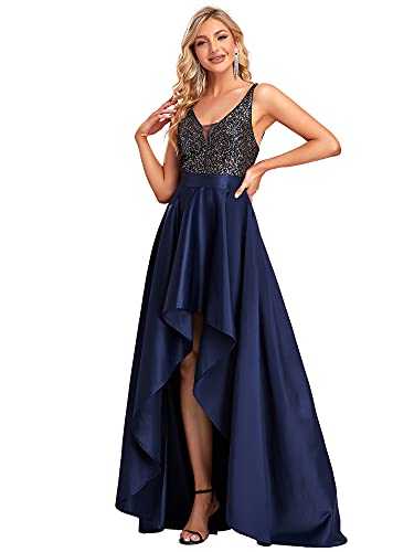 Ever-Pretty Women's V Neck Elegant A Line Hi-Low Empire Waist Satin Skirt Long Ball Evening Dresses with Sequin Navy Blue 14UK