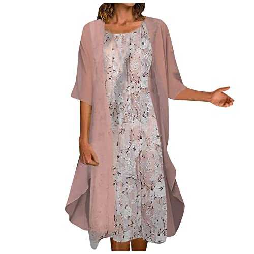 AMhomely Two Piece Dress Outfits for Women Summer Dress Floral Print Long Dresses with Cardigan Chiffon Sleeveless Flowy Maxi Dress Elegant Wedding Guest Dress Mother of The Bride Dresses