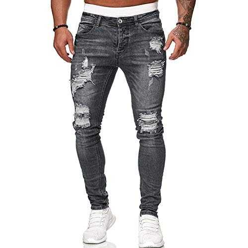 KJK Men's Jeans Ripped Distressed Destroyed Skinny Slim Stretch Denim Pants Jeans Summer Fall Trousers