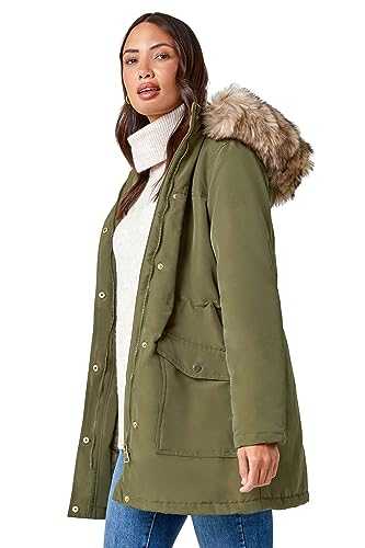 Roman Originals Coat with Faux Fur Hood for Women UK Ladies Autumn Jacket Winter Parka Waterproof Rainproof Windproof Lined Fitted Casual Smart Hooded Zip Up Padded Quilted
