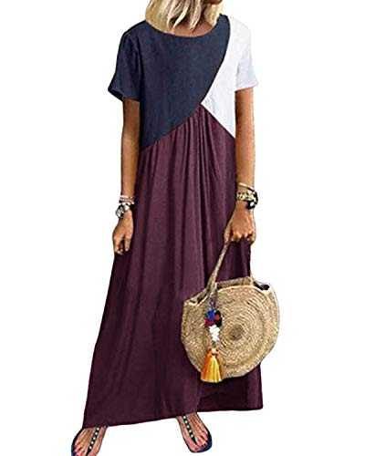 YOINS Women Casual Maxi Summer Dresses Short Sleeve Long Dress Loose Color Block T-Shirt Dress for Holiday