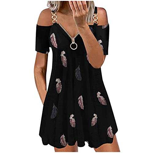 AMhomely Women Dresses Sale Ladies Casual Zipper Printing V-Neck Strapless Sexy Sling Short Dress UK Size Evening Gowns Work Maxi Dress Party Elegant
