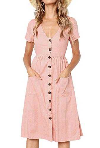 Casual Midi Dresses for Women V Neck T Shirt Dress Long Sleeve A-Line Swing Button Down Tunic Dress with Pockets (11 Pink, Tag Small = UK 8-10)