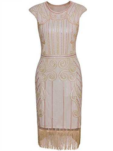 Vijiv 1920s Vintage Inspired Sequin Embellished Fringe Long Gatsby Flapper Dress