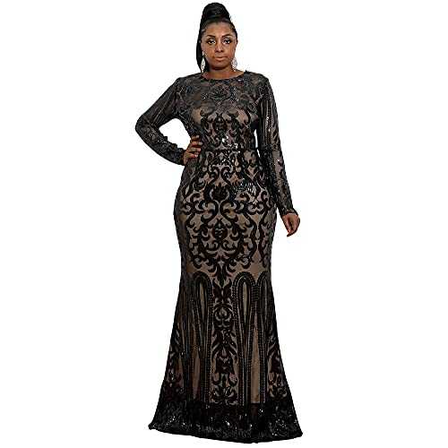 Miss ord Women’s Plus Size Formal Mermaid Sequin Prom Maxi Dress, Long Sleeve Bodycon Floor-Length Evening Gown