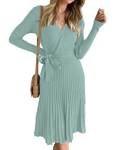ZESICA Women's 2023 Fall Long Sleeve Wrap V Neck Ribbed Knit Pleated A Line Pullover Sweater Dress with Belt