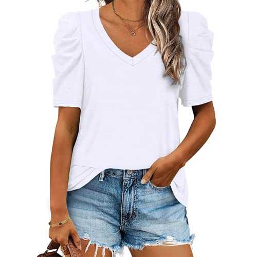 YloveM Womens T Shirts V Neck Short Sleeve Tops Ladies Casual Summer Tshirts Solid Color S-XXL