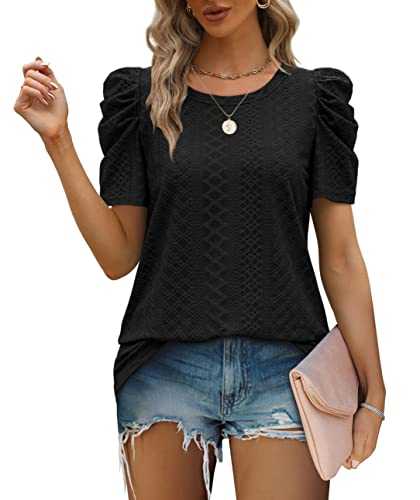 Aokosor Ladies Tops for Womens T Shirts Summer Clothes Round Neck Tshirts Gigot Sleeve Casual Tees Eyelet Tops