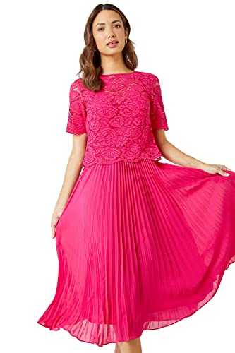 Roman Originals Lace Pleated Dress for Women UK - Ladies Swing Midi A-line Ball Cotton Special Occasion Party Formal Wedding Guest Mother of The Bride Groom Fit & Flare Gowns