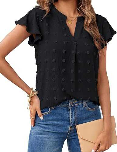 MEROKEETY Women 2023 Summer V Neck Ruffle Short Sleeve Blouse Swiss Dot Flowy Shirt Tunic Top