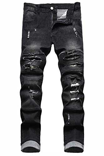 Baylvn Men's Designer Straight Slim Fit Patchwork Jeans Comfort Skinny Biker Denim Pants