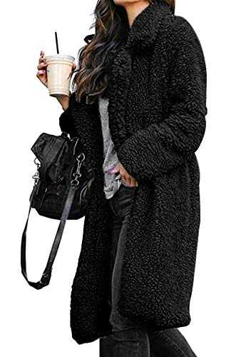 YMING Ladies Long Teddy Fleece Jacket Winter Warm Cardigan Lapel Plush Coat Faux Fur Coat