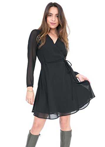 likemary Wrap Dress Long Sleeve Double Layer Black L - Womens V-Neck Wrap-Around Midi Floaty Dress - Perfect for Weddings, Date Nights and Office