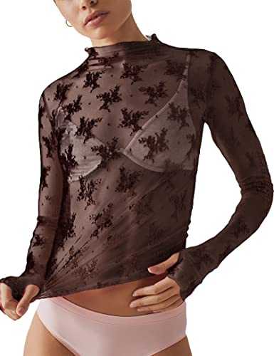 Ugerlov Women's Long Sleeve Mesh Top Mock Neck Sheer Blouse See Through Floral Lace Tops