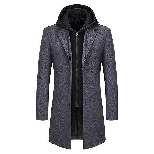 KUDMOL Mens Wool Trench Coat Solid Casual Padded Outdoor Overcoat Long hooded Warm Coat Jacket