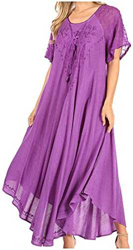 Sakkas 16602 - Shasta Lace Embroidered Cap Sleeves Long Caftan Dress/Cover Up - Purple - OS