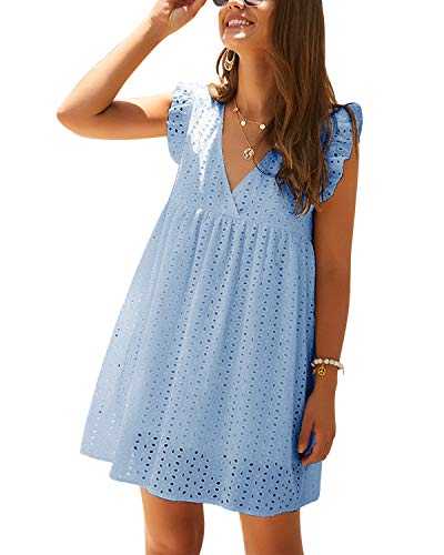 YOINS Women Sleeveless Mini Dresses V Neck Summer Dresses Loose Fit Tunic Casual Dresses Zip Beachwear Sundresses Sleeveless~Blue M