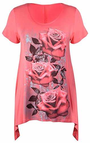 New Womens Plus Size Uneven Hanky Hem Short Sleeve T-Shirt Top Ladies Floral Rose Print Jersey Tunic