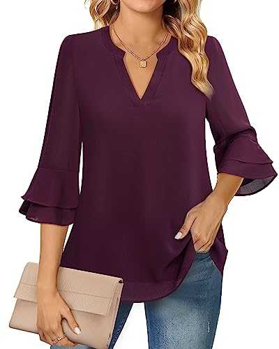Lotusmile Womens Tops Dressy Casual 3/4 Tiered Bell Sleeve Blouses Double Layered Chiffon Work Tunic Shirts