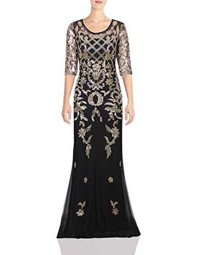 Vijiv Vintage 1920s Long Wedding Prom Dresses 2/3 Sleeve Sequin Party Evening Gown