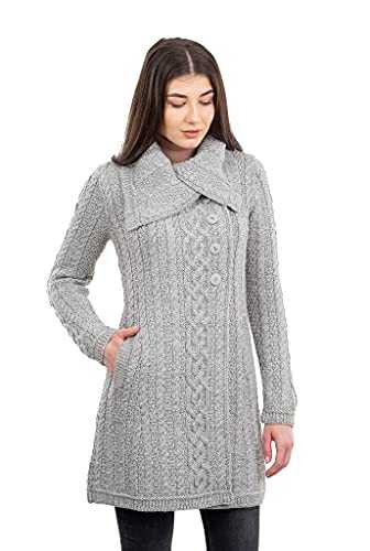 SAOL Ladies 3 Buttons Collar Irish Knitted Coat 100% Merino Wool with Side Pockets