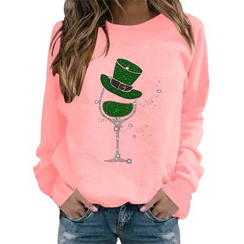 AMDOLE Girls St Patricks Day Outfit Women's Fashionable Round Neck Casual Wine Glass Printed Long Sleeved Top Sweatshirt Trendy Shirt for Women 2024