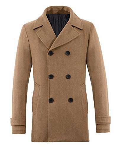 ThCreasa Mens Classic Double Breasted Pea Coat Wool Blend Quilted Lined Notched Collar Overcoat Trench Coat