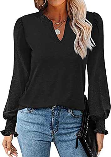LINBLIL Women‘s Long Sleeve Tops Fall V Neck Dressy Casual Tunics T Shirts Ruffle with Shirred Cuff Blouses