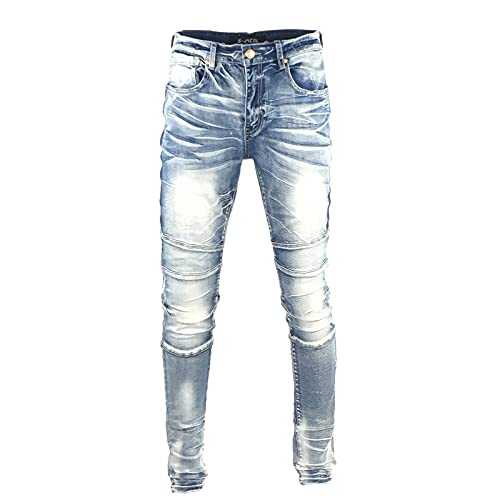 S-JACOL Men's Denim Jeans, Skinny Stretch Pleats Vintage Long Pant with Outside Tape