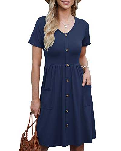 AUSELILY Summer Dresses for Women UK Casual Short Sleeve Sundress Round Neck A Line Swing Dress with Pockets