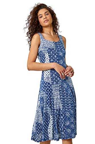 Roman Originals Fit & Flare Dress for Women UK - Ladies Patchwork Geometric Tropical Floral Print Skater Stretch Jersey Swing Strappy Flattering Casual Summer Sleeveless