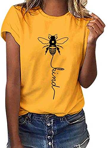 Yuson Girl Women Summer Bee Kind Letter Print T-Shirt Ladies Bee Graphic Shirts Tee Round O Crew Neck Short Sleeve Tshirts Tank Tops Tee Loose Casual Shirts Tops