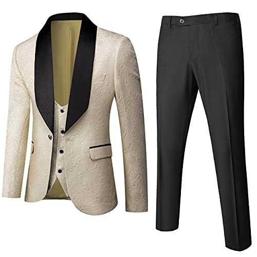 UNINUKOO Mens Suits 3 Piece Slim Fit Jacquard Tuxedo Shawl Lapel for Wedding Prom