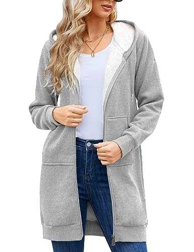 Svanco Womens Long Hoodie Warm Fleece Lined Coat Zip Up Hooded Pullover Plain Hoodies Casual Long Sleeves Sweatshirts with Pockets Ladies Jumper Cardigans Jacket