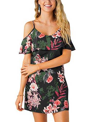 YOINS Women Cold Shoulder Dress Sexy Floral Printed Short Sleeve Mini Dresses Summer Top Tunic A-Black S