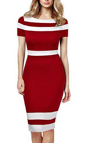 Mmondschein Women's Scoop Neck Stitching Business Bodycon Dress Red XL