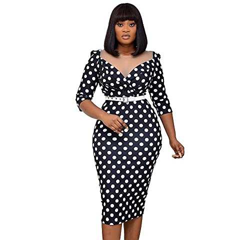 Womens Lace Stitching Office Dress Bracelet Sleeve Wear to Work Business Church Sheath Printing Bodycon Dress-black_XXXL