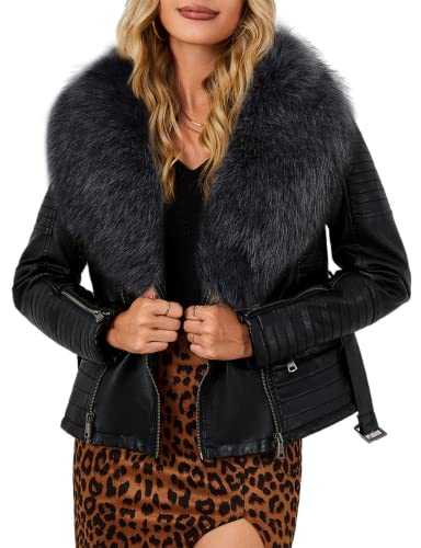 BELLIVERA Women Faux Suede Leather Jacket Motorcycle Biker Sherpa-Lined Coat with Detachable Fur Collar