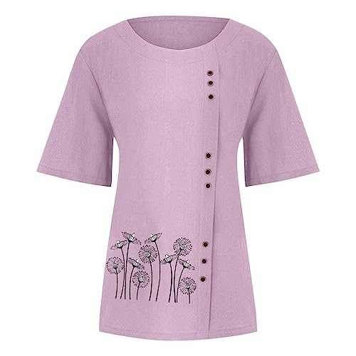 AMhomely Women Shirts and Blouse Sale Clearance,Ladies Plus Size Short Sleeve Cotton Linen O-Neck Button Print Blouse Top T-Shirt Elegant Tunic Shirts Tops Office UK Size S-5XL Shipping 7 Days