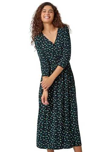 Roman Originals Ditsy Floral Print Dress for Women UK Ladies Ruched Midi Maxi Long Length Short Sleeve Sweetheart Neck Flattering Casual Summer Autumn Party Evening
