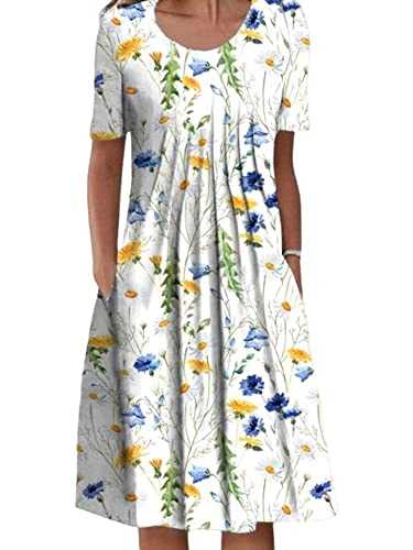 Achinel Women's Floral Print Midi Dresses Ladies Crew Neck Short Sleeve T Shirt Dress Summer Sundress Casual Boho Bohemian Dress