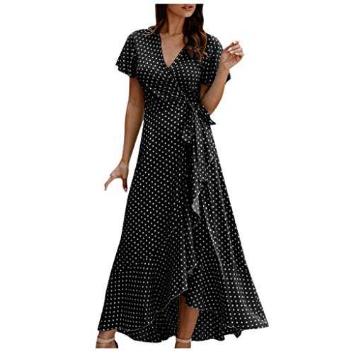 WOZOW Summer Casual Dresses for Women UK Polka Dots Short Sleeve Wrap-Front Midi Dress in Linen-Cotton Black-1 2XL