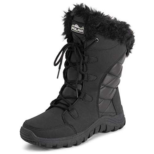 Polar Womens Quilted Lace Up Waterproof Black Outdoor Cuff Snow Rain Duck Boot