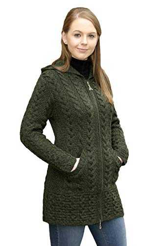 Aran Crafts Women's Irish Cable Knitted Hooded Zip Coat (100% Merino Wool)