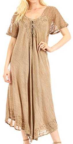 Sakkas 16603 - Egan Long Embroidered Caftan Dress/Cover Up with Embroidered Cap Sleeves - Beige - OS