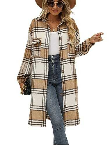 FindThy Women’s Long Plaid Shacket Wool Blend Button Down Shirt Jacket Coat with Pockets
