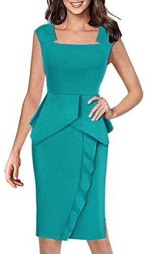 HOMEYEE Women's Vintage Square Neck Ruffle Split Bodycon Business Dress B446 (UK 8 = Size S, Turquoise)